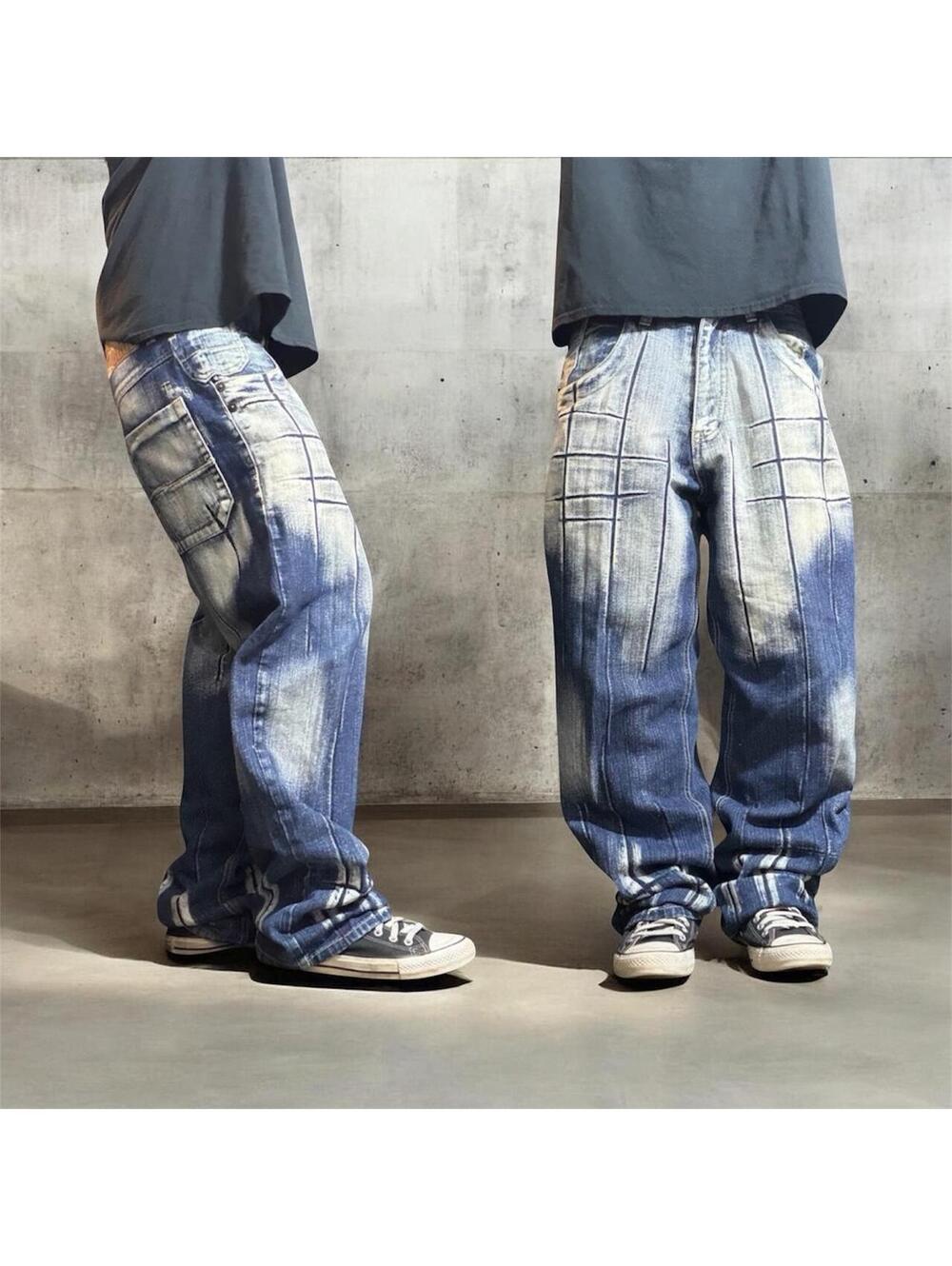 -Vintage Y2K Raw Blue Baggy Jeans 32x32 Sandblast Grid Cyber Grunge Skater Denim